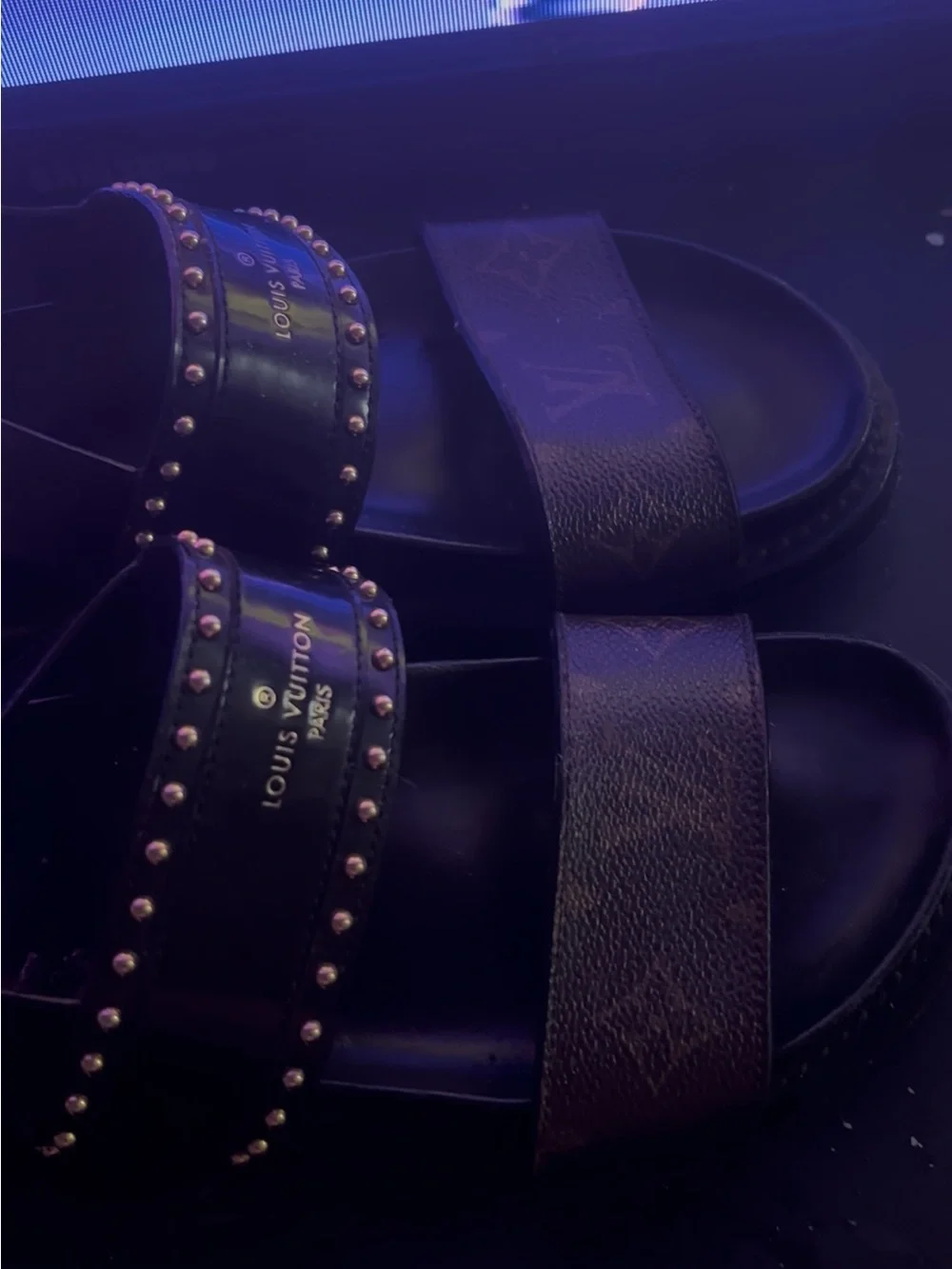 Louis Vuitton Black Leather Studded Slide Sandals